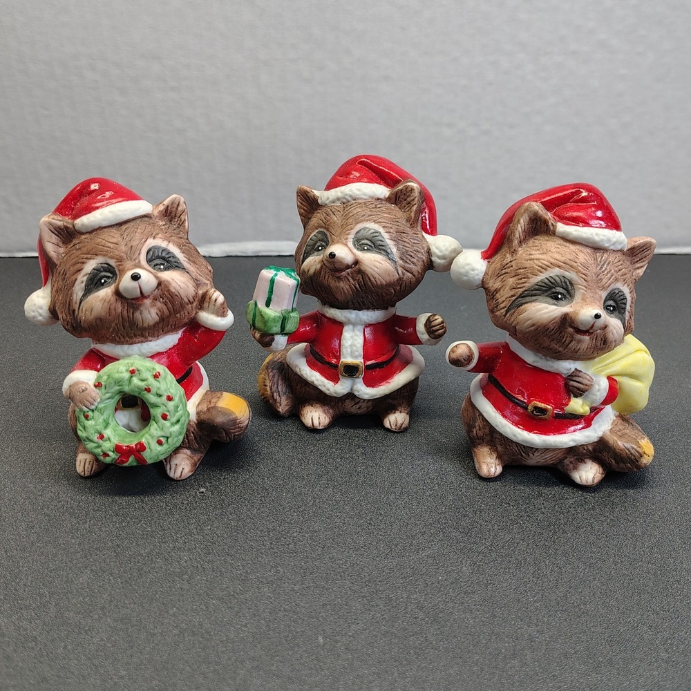 VINTAGE SET OF 3 HOMCO #5611 Christmas Santa Raccoon Figurines Porcelain Ceramic